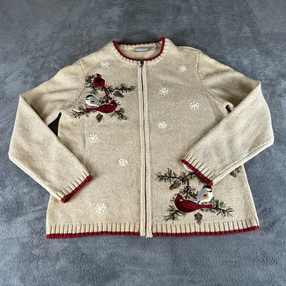 Croft & Barrow Womens Medium Beige Cardinal Chickadee Bird Zip Cardigan Sweater